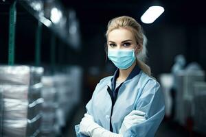 retrato do uma jovem fêmea armazém trabalhador vestindo protetora mascarar e luvas. uma jovem fêmea médico dentro uma médico mascarar e luvas é trabalhando dentro uma armazém, ai gerado foto
