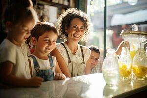 feliz família com dois crianças dentro uma cafeteria. elas estão olhando às Câmera e sorridente. família desfrutando uma vapor copo do limonada em uma ensolarado dia dentro uma pitoresco, acolhedor café comprar, ai gerado foto