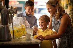 mãe e filho fazer limonada juntos às Barra contador dentro uma restaurante, família desfrutando uma vapor copo do limonada em uma ensolarado dia dentro uma pitoresco, acolhedor café comprar, ai gerado foto