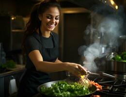 mulher cozinhando legumes com panela em fogão foto