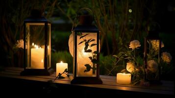 a beleza do natureza é iluminado de brilhando lanternas dentro uma romântico ao ar livre configuração ai gerado foto