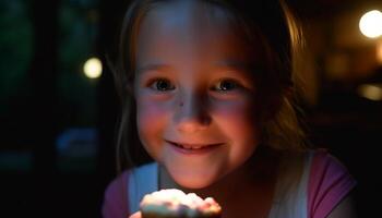 sorridente fofa meninas desfrutando uma alegre infância noite ao ar livre gerado de ai foto