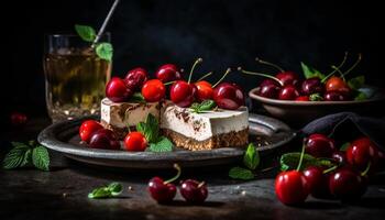 frescor e Doçura em uma rústico de madeira mesa, uma gourmet deleite gerado de ai foto