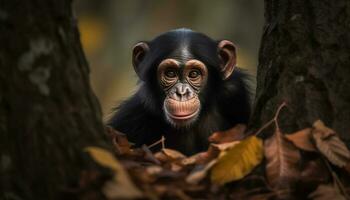 fofa macaco sentado em uma árvore ramo dentro tropical floresta tropical gerado de ai foto