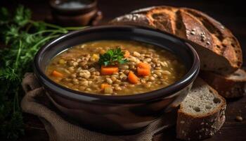 caseiro vegetal sopa, saudável comendo, fresco ingredientes, rústico pão gerado de ai foto