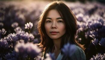 jovem mulher desfrutando a beleza do natureza dentro uma Prado gerado de ai foto