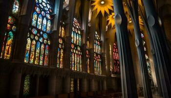 cristandade história iluminado através manchado vidro dentro gótico arquitetura gerado de ai foto