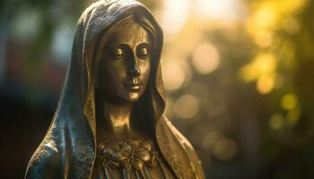 uma lindo estátua do uma Rezar mulher simboliza espiritualidade gerado de ai foto