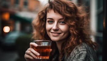 sorridente jovem mulher desfrutando uma beber às uma Barra ao ar livre gerado de ai foto