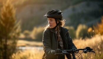 jovem adulto mulher desfrutando ao ar livre aventura, ciclismo através lindo outono natureza gerado de ai foto