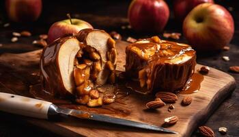 uma rústico caseiro maçã strudel, uma doce indulgência em uma de madeira mesa gerado de ai foto