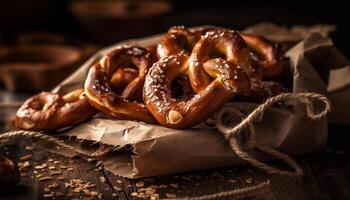 rústico pão, fresco pretzel, crocante lanche, gourmet refeição, cozido carne de porco gerado de ai foto