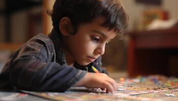 uma fofa Garoto jogando e Aprendendo dentro uma pré escola Sala de aula gerado de ai foto