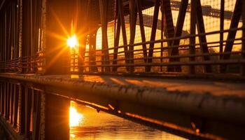 pôr do sol sobre água, refletindo a homem fez ponte, uma tranquilo cena gerado de ai foto