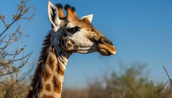 girafa dentro a selvagem, olhando bonitinho, cercado de verde Relva gerado de ai foto