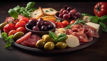 fresco tomate e Oliva salada em rústico de madeira mesa gerado de ai foto