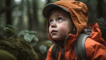 uma fofa caucasiano Garoto explorando a floresta dentro outono gerado de ai foto