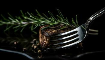 grelhado carne em madeira placa, cozinhou para perfeição, de dar água na boca gourmet gerado de ai foto