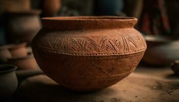 antigo cerâmica, argila vaso, rústico jarro, ornamentado decoração, indígena cultura gerado de ai foto