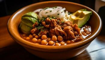 uma gourmet refeição do grelhado carne de porco com fresco legumes e arroz gerado de ai foto