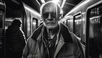 uma barbudo homem viaja em a metrô, cercado de viajantes gerado de ai foto