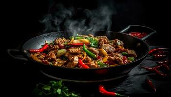 grelhado carne, cozinhou carne de porco, frito cebola, saudável almoço, fresco vegetal gerado de ai foto