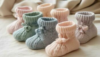 suavidade e calor dentro uma fofa par do tricotado bebê botinhas gerado de ai foto
