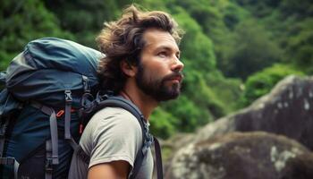 uma jovem homem caminhada dentro a floresta, desfrutando natureza aventura gerado de ai foto