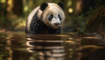 fofa panda comendo bambu dentro tranquilo floresta tropical, olhando às Câmera gerado de ai foto