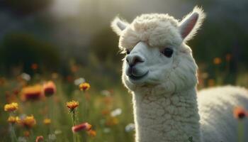fofa alpaca pastar em verde Prado, fofo pelagem, sorridente gerado de ai foto