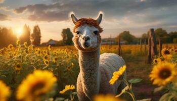 fofa alpaca pastar em verde Prado, desfrutando a lindo pôr do sol gerado de ai foto