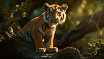 tigre dentro natureza, listrado pelagem, olhando fixamente, beleza dentro animais selvagens reserva gerado de ai foto