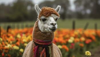 fofa alpaca pastar dentro verde Prado, olhando às Câmera gerado de ai foto