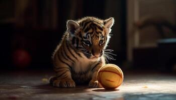 fofa listrado gatinho jogando com uma bola, ao ar livre dentro natureza gerado de ai foto