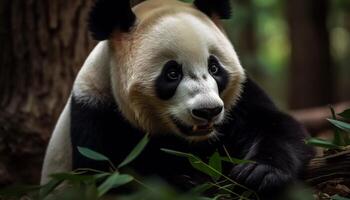 fofa panda sentado em uma árvore filial, comendo bambu pacificamente gerado de ai foto