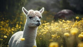 fofa alpaca pastar dentro verde Prado, olhando às Câmera gerado de ai foto