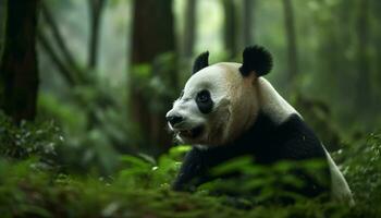 fofa panda comendo bambu dentro a verde floresta, fechar acima Visão gerado de ai foto
