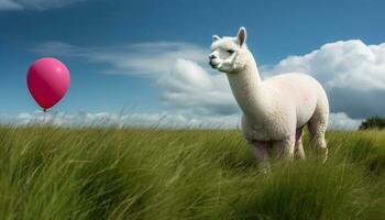 fofa alpaca sorridente, olhando às Câmera, cercado de verde Prado gerado de ai foto