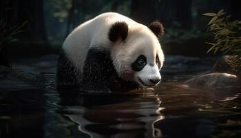 fofa gigante panda comendo bambu dentro tropical floresta tropical, fechar acima gerado de ai foto