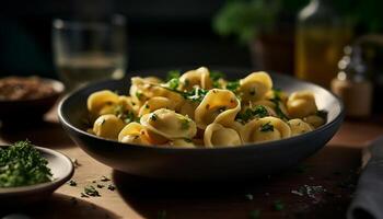 frescor e gourmet refeição em uma de madeira mesa, saudável vegetariano Comida gerado de ai foto