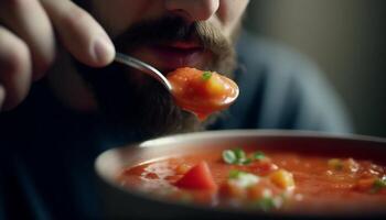 uma homem comendo uma saudável vegetariano refeição, desfrutando fresco salada gerado de ai foto