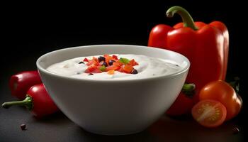 fresco vegetariano refeição tomate salada com iogurte, gourmet especiarias, e orgânico ingredientes gerado de ai foto
