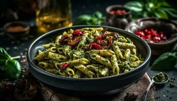 recentemente cozinhou massa com caseiro pesto molho e parmesão queijo gerado de ai foto