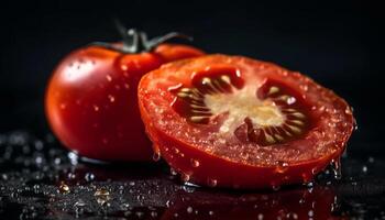 fresco tomate fatiar, molhado e brilhante, perfeito para saudável comendo gerado de ai foto