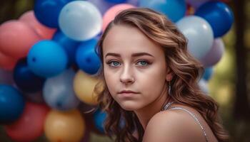 uma lindo jovem mulher com encaracolado cabelo sorrisos ao ar livre com balões gerado de ai foto