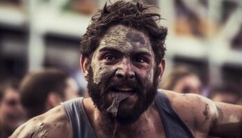 uma sorridente, molhado atleta compete dentro uma turvar campeonato ao ar livre gerado de ai foto