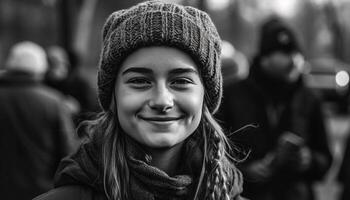 sorridente jovem mulheres ao ar livre, olhando às Câmera, retrato dentro inverno gerado de ai foto