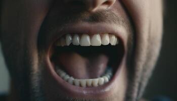 uma sorridente homem com uma cheio de dentes sorrir e aberto boca gerado de ai foto