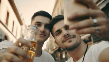 jovem adultos sorridente, ao ar livre, segurando bebidas, desfrutando amizade e união gerado de ai foto