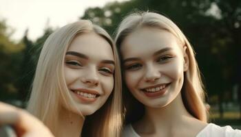 sorridente ao ar livre, dois alegre mulheres apreciar amizade e felicidade gerado de ai foto